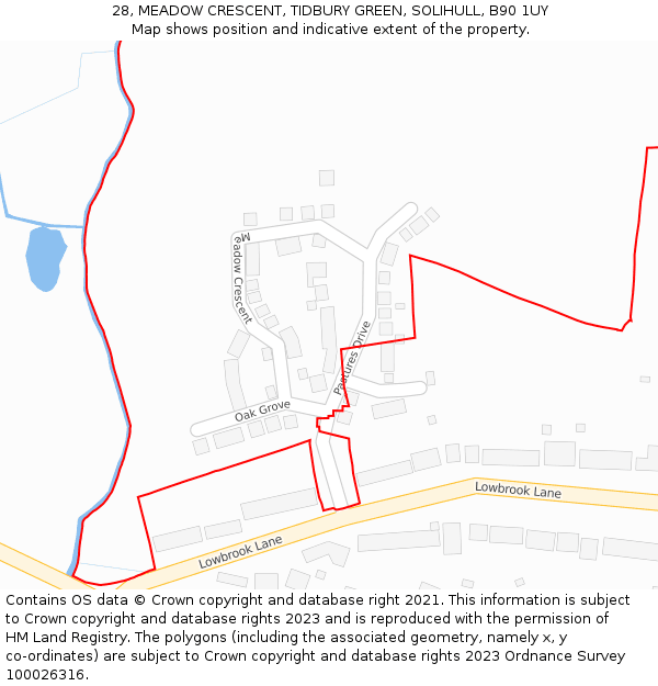 28, MEADOW CRESCENT, TIDBURY GREEN, SOLIHULL, B90 1UY: Location map and indicative extent of plot