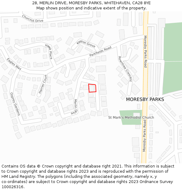 28, MERLIN DRIVE, MORESBY PARKS, WHITEHAVEN, CA28 8YE: Location map and indicative extent of plot