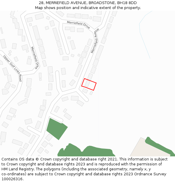 28, MERRIEFIELD AVENUE, BROADSTONE, BH18 8DD: Location map and indicative extent of plot