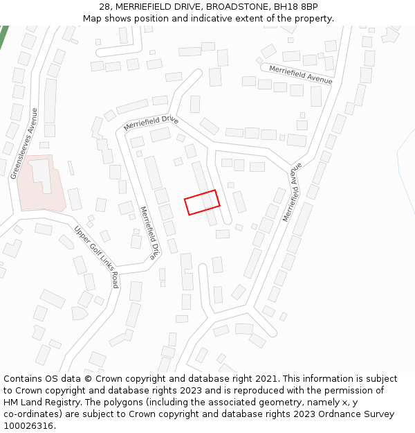 28, MERRIEFIELD DRIVE, BROADSTONE, BH18 8BP: Location map and indicative extent of plot