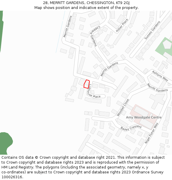 28, MERRITT GARDENS, CHESSINGTON, KT9 2GJ: Location map and indicative extent of plot