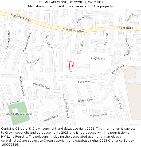 28, MILLAIS CLOSE, BEDWORTH, CV12 8TH: Location map and indicative extent of plot