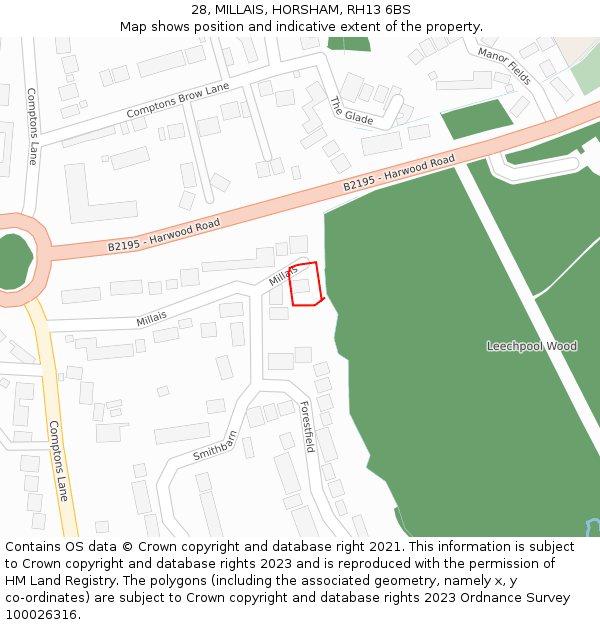 28, MILLAIS, HORSHAM, RH13 6BS: Location map and indicative extent of plot