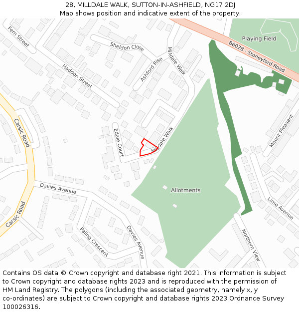 28, MILLDALE WALK, SUTTON-IN-ASHFIELD, NG17 2DJ: Location map and indicative extent of plot