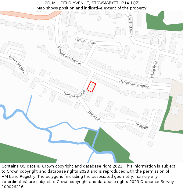 28, MILLFIELD AVENUE, STOWMARKET, IP14 1QZ: Location map and indicative extent of plot