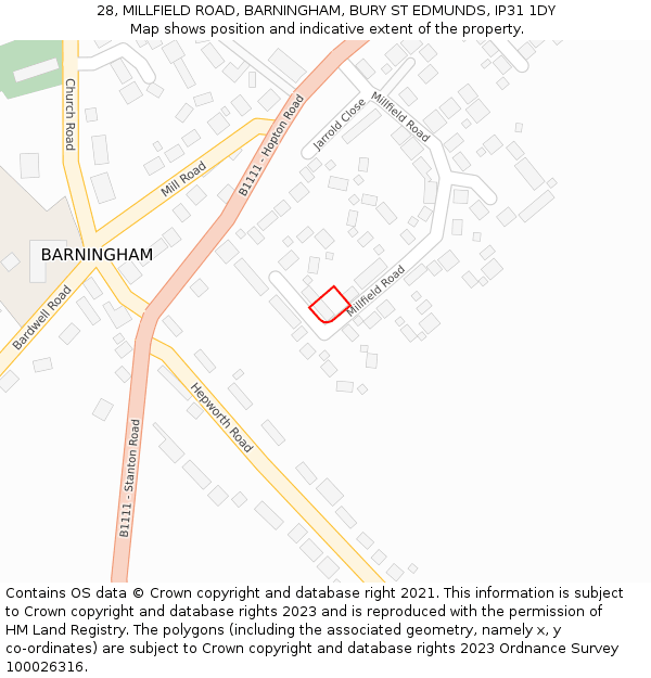 28, MILLFIELD ROAD, BARNINGHAM, BURY ST EDMUNDS, IP31 1DY: Location map and indicative extent of plot