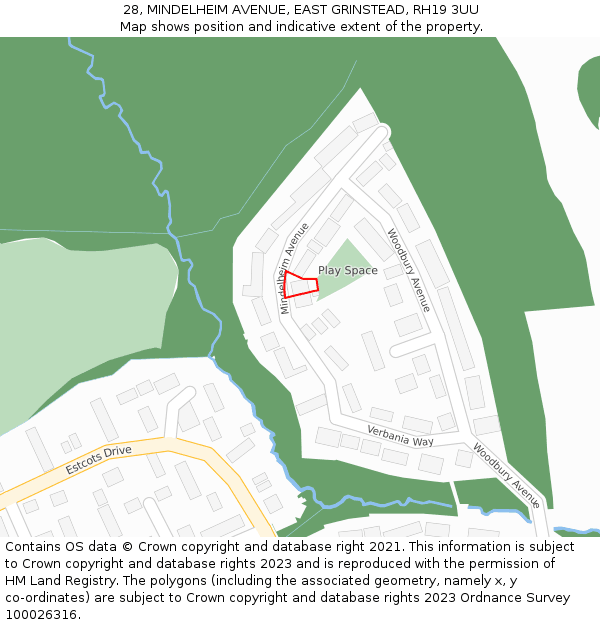 28, MINDELHEIM AVENUE, EAST GRINSTEAD, RH19 3UU: Location map and indicative extent of plot