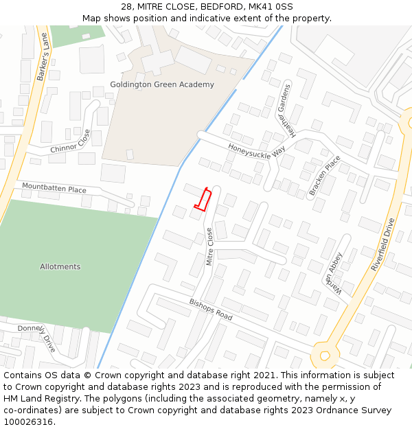 28, MITRE CLOSE, BEDFORD, MK41 0SS: Location map and indicative extent of plot