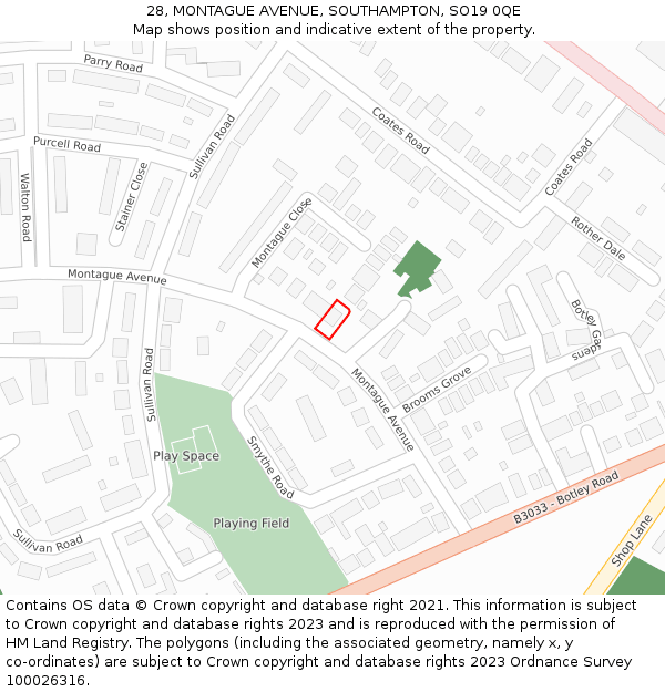 28, MONTAGUE AVENUE, SOUTHAMPTON, SO19 0QE: Location map and indicative extent of plot