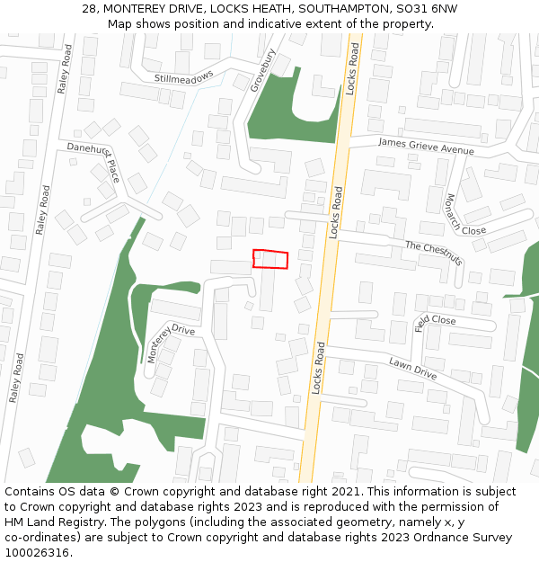 28, MONTEREY DRIVE, LOCKS HEATH, SOUTHAMPTON, SO31 6NW: Location map and indicative extent of plot