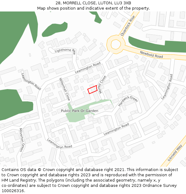 28, MORRELL CLOSE, LUTON, LU3 3XB: Location map and indicative extent of plot