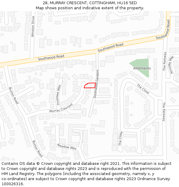 28, MURRAY CRESCENT, COTTINGHAM, HU16 5ED: Location map and indicative extent of plot