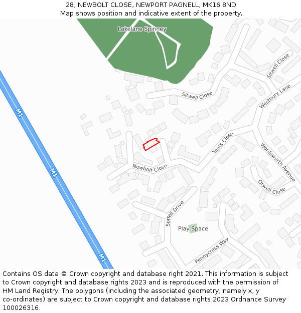 28, NEWBOLT CLOSE, NEWPORT PAGNELL, MK16 8ND: Location map and indicative extent of plot