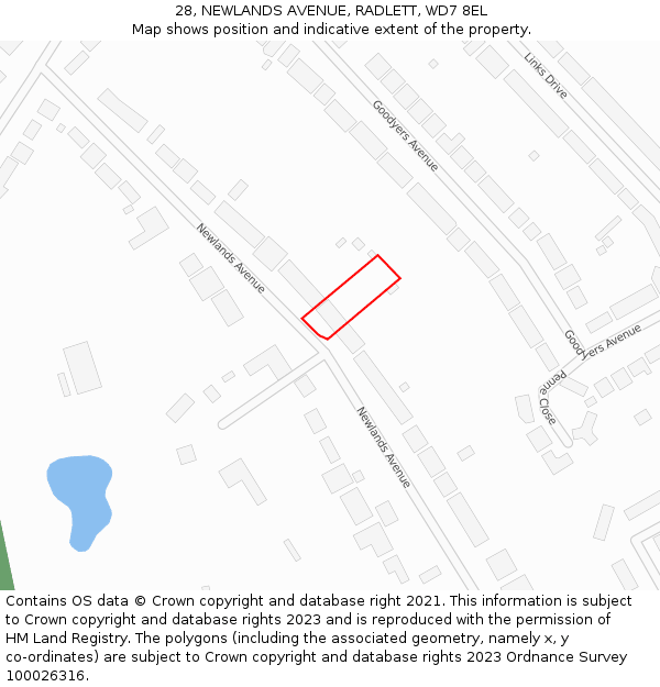 28, NEWLANDS AVENUE, RADLETT, WD7 8EL: Location map and indicative extent of plot