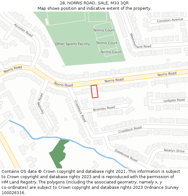 28, NORRIS ROAD, SALE, M33 3QR: Location map and indicative extent of plot