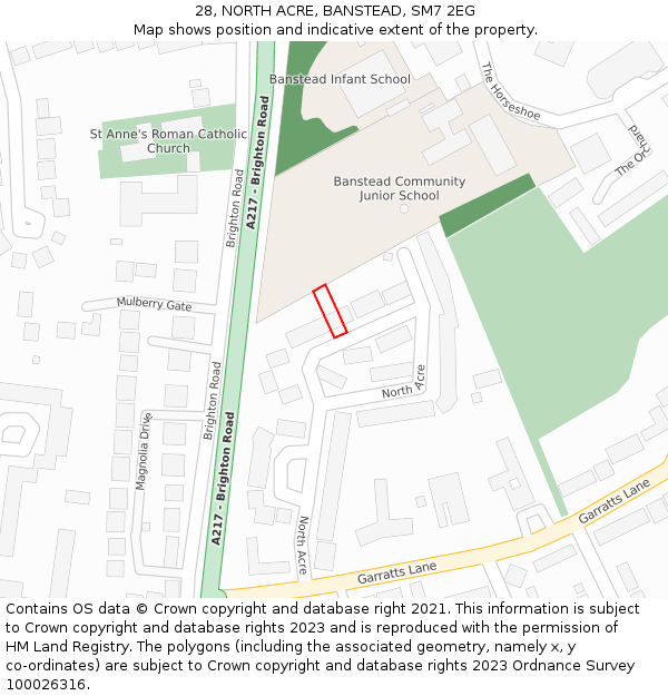 28, NORTH ACRE, BANSTEAD, SM7 2EG: Location map and indicative extent of plot