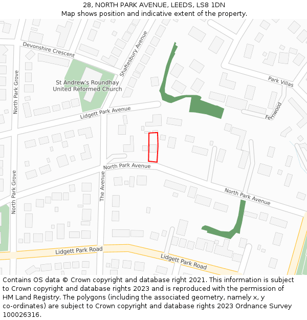 28, NORTH PARK AVENUE, LEEDS, LS8 1DN: Location map and indicative extent of plot