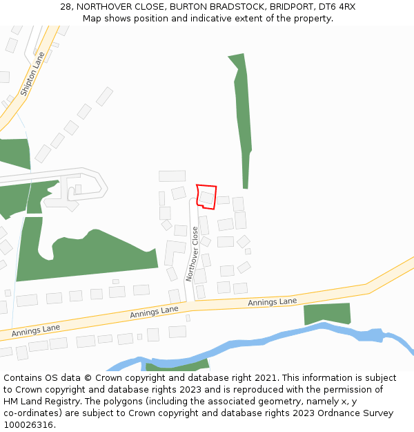 28, NORTHOVER CLOSE, BURTON BRADSTOCK, BRIDPORT, DT6 4RX: Location map and indicative extent of plot