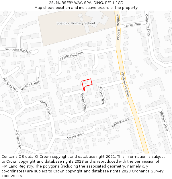 28, NURSERY WAY, SPALDING, PE11 1GD: Location map and indicative extent of plot