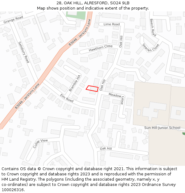 28, OAK HILL, ALRESFORD, SO24 9LB: Location map and indicative extent of plot