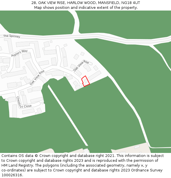 28, OAK VIEW RISE, HARLOW WOOD, MANSFIELD, NG18 4UT: Location map and indicative extent of plot