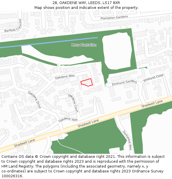 28, OAKDENE WAY, LEEDS, LS17 8XR: Location map and indicative extent of plot