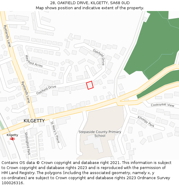 28, OAKFIELD DRIVE, KILGETTY, SA68 0UD: Location map and indicative extent of plot