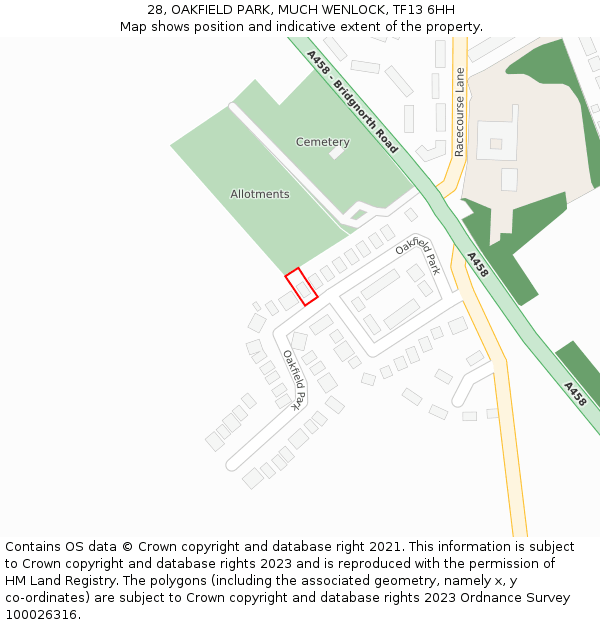 28, OAKFIELD PARK, MUCH WENLOCK, TF13 6HH: Location map and indicative extent of plot