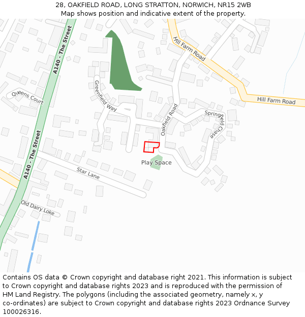 28, OAKFIELD ROAD, LONG STRATTON, NORWICH, NR15 2WB: Location map and indicative extent of plot