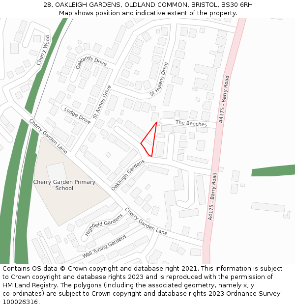 28, OAKLEIGH GARDENS, OLDLAND COMMON, BRISTOL, BS30 6RH: Location map and indicative extent of plot