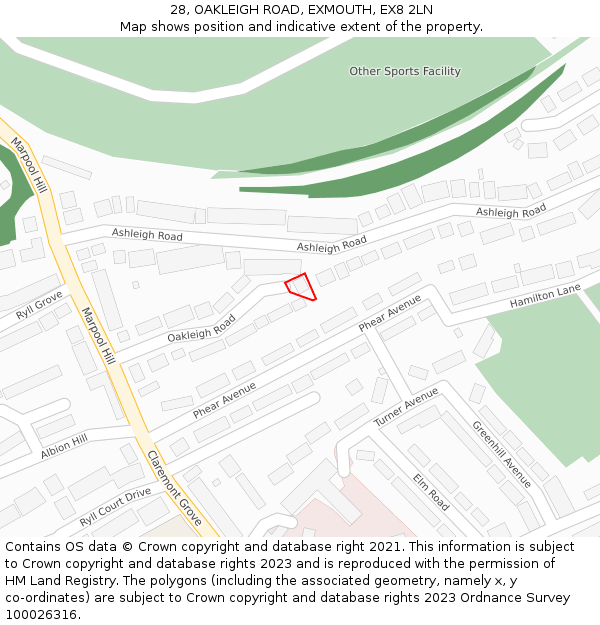 28, OAKLEIGH ROAD, EXMOUTH, EX8 2LN: Location map and indicative extent of plot