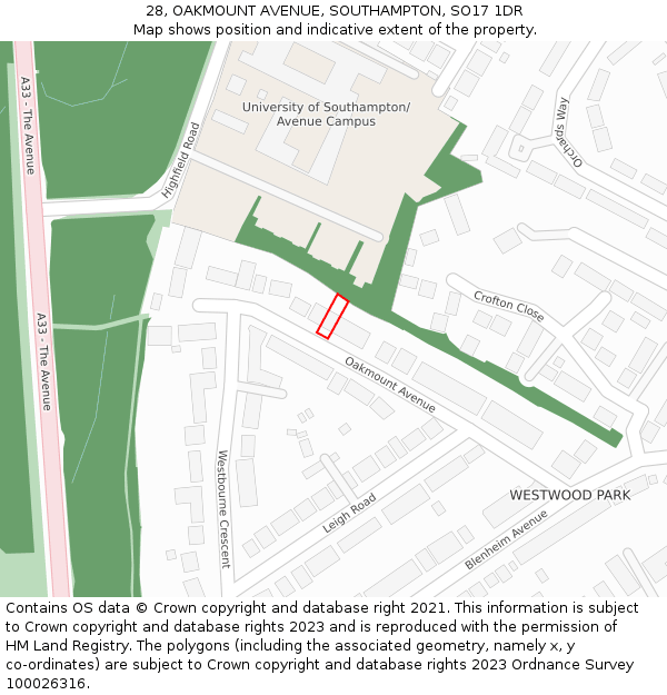 28, OAKMOUNT AVENUE, SOUTHAMPTON, SO17 1DR: Location map and indicative extent of plot