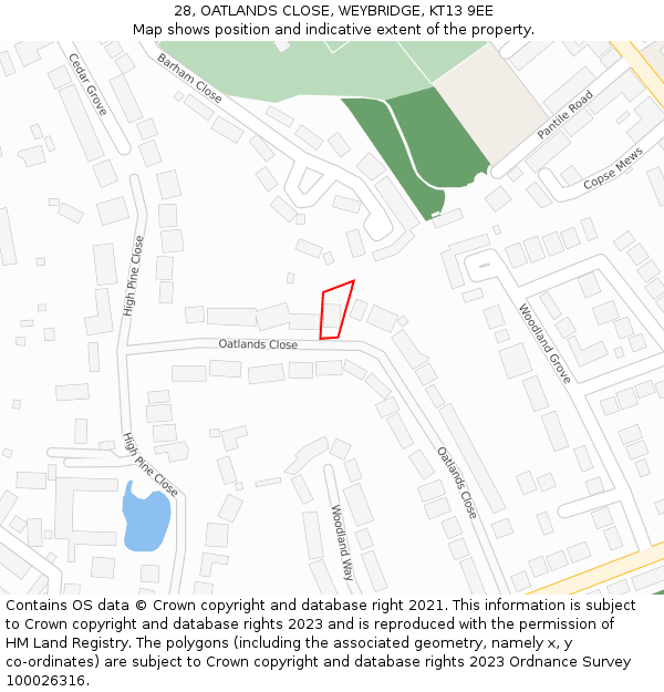 28, OATLANDS CLOSE, WEYBRIDGE, KT13 9EE: Location map and indicative extent of plot