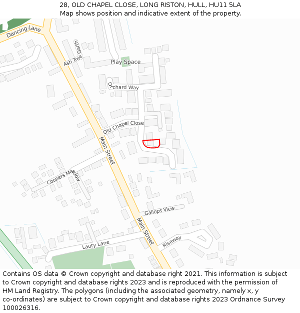 28, OLD CHAPEL CLOSE, LONG RISTON, HULL, HU11 5LA: Location map and indicative extent of plot