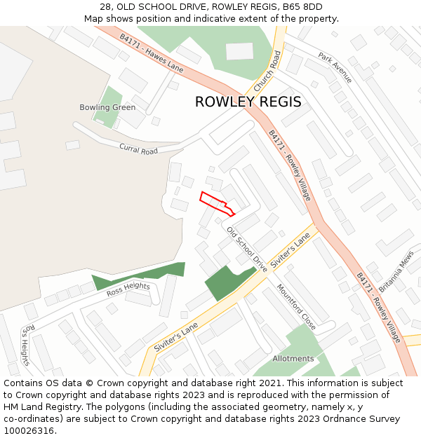 28, OLD SCHOOL DRIVE, ROWLEY REGIS, B65 8DD: Location map and indicative extent of plot