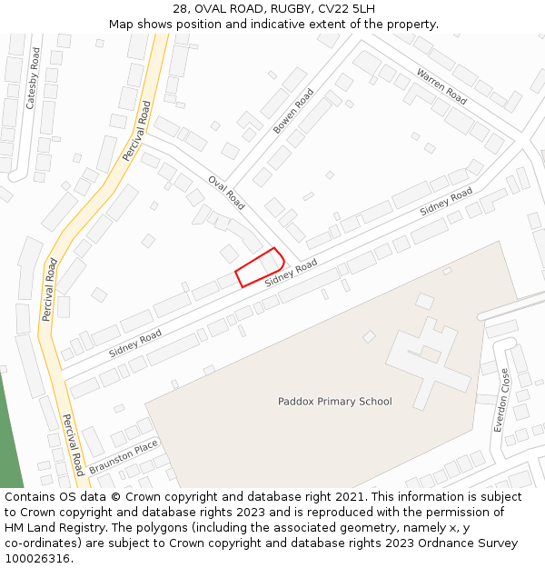 28, OVAL ROAD, RUGBY, CV22 5LH: Location map and indicative extent of plot