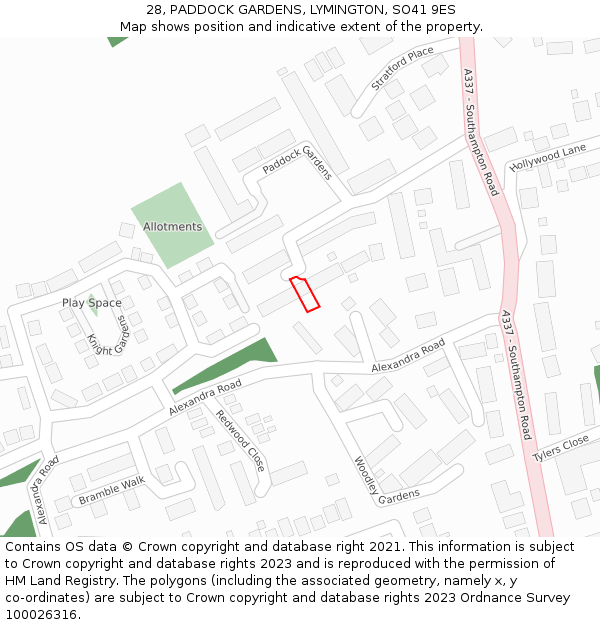 28, PADDOCK GARDENS, LYMINGTON, SO41 9ES: Location map and indicative extent of plot