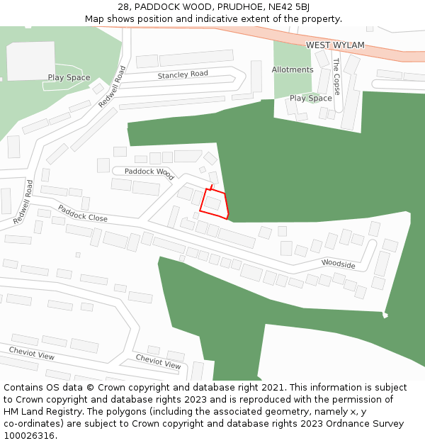 28, PADDOCK WOOD, PRUDHOE, NE42 5BJ: Location map and indicative extent of plot