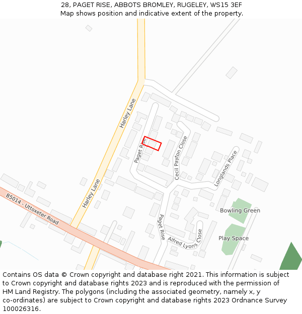 28, PAGET RISE, ABBOTS BROMLEY, RUGELEY, WS15 3EF: Location map and indicative extent of plot