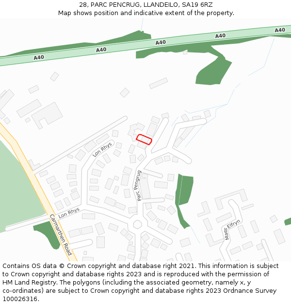 28, PARC PENCRUG, LLANDEILO, SA19 6RZ: Location map and indicative extent of plot