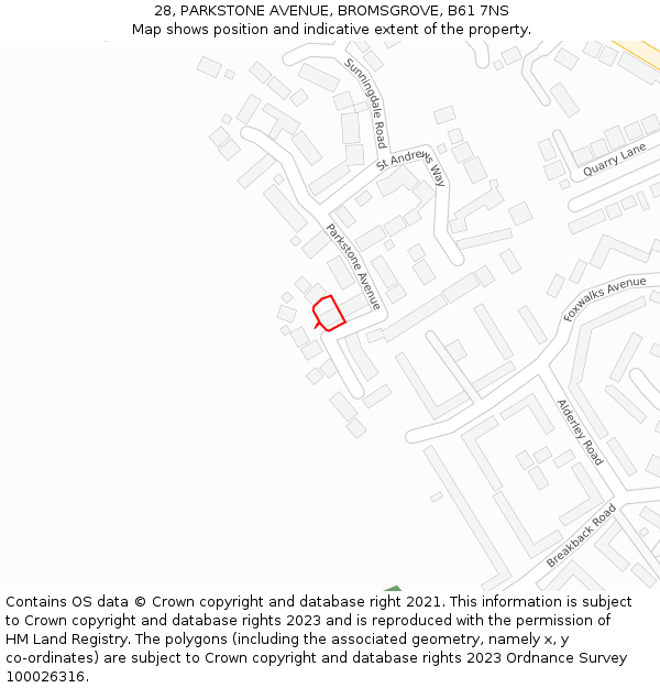 28, PARKSTONE AVENUE, BROMSGROVE, B61 7NS: Location map and indicative extent of plot