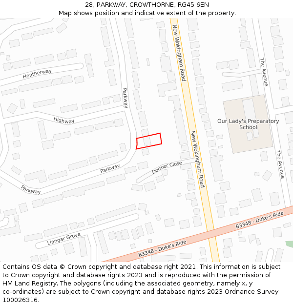 28, PARKWAY, CROWTHORNE, RG45 6EN: Location map and indicative extent of plot