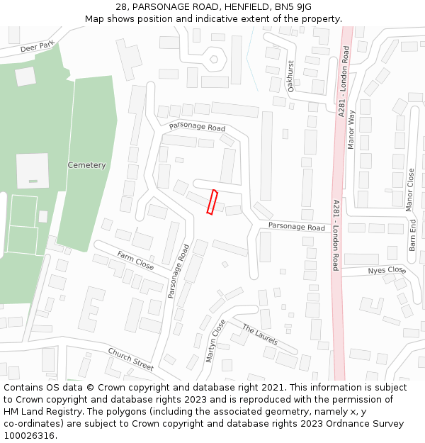 28, PARSONAGE ROAD, HENFIELD, BN5 9JG: Location map and indicative extent of plot