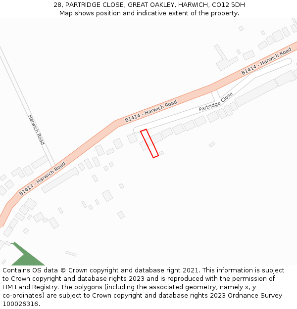 28, PARTRIDGE CLOSE, GREAT OAKLEY, HARWICH, CO12 5DH: Location map and indicative extent of plot