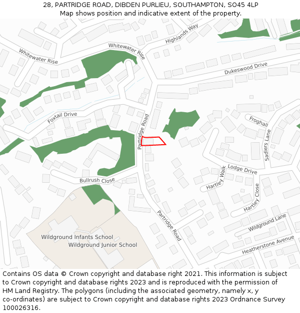 28, PARTRIDGE ROAD, DIBDEN PURLIEU, SOUTHAMPTON, SO45 4LP: Location map and indicative extent of plot