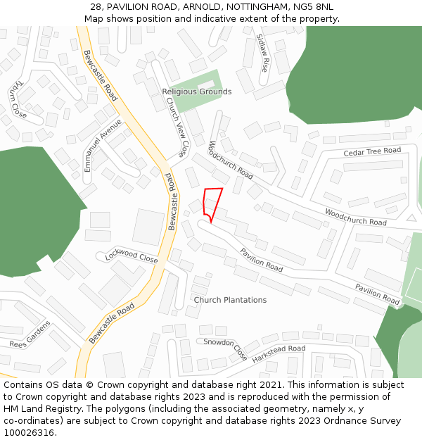 28, PAVILION ROAD, ARNOLD, NOTTINGHAM, NG5 8NL: Location map and indicative extent of plot