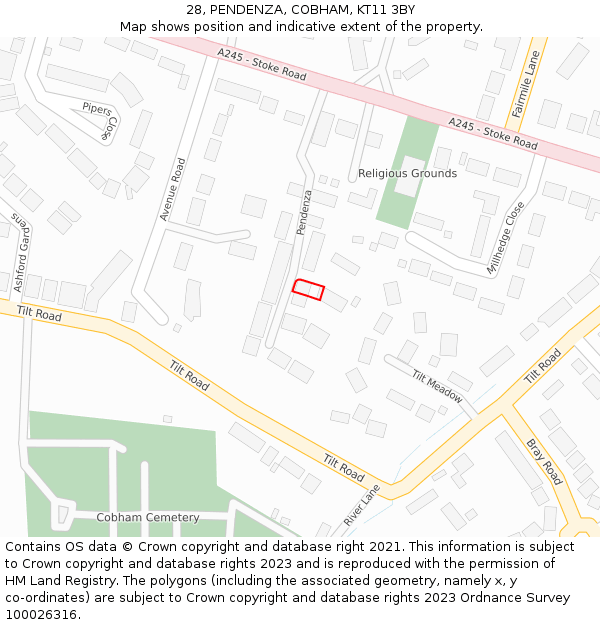 28, PENDENZA, COBHAM, KT11 3BY: Location map and indicative extent of plot