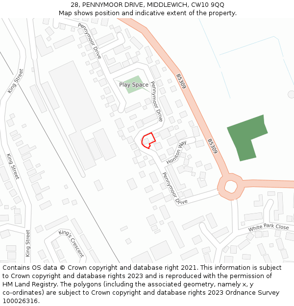 28, PENNYMOOR DRIVE, MIDDLEWICH, CW10 9QQ: Location map and indicative extent of plot