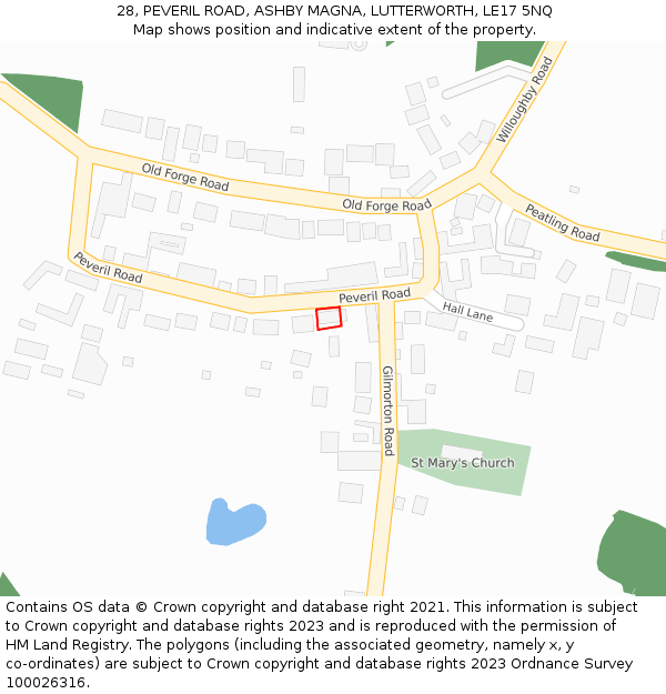28, PEVERIL ROAD, ASHBY MAGNA, LUTTERWORTH, LE17 5NQ: Location map and indicative extent of plot