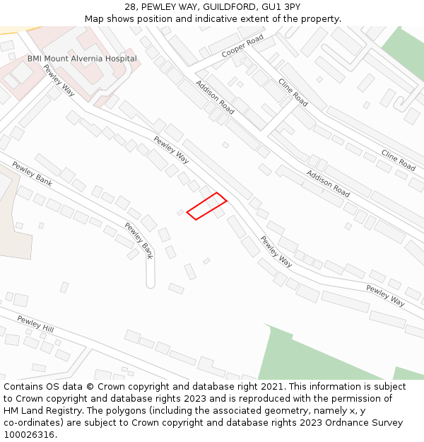 28, PEWLEY WAY, GUILDFORD, GU1 3PY: Location map and indicative extent of plot